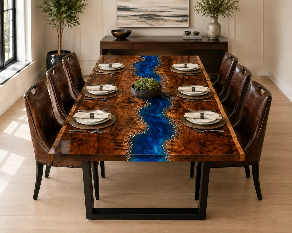 Aurorawoodart Custom Black Walnut Blue Epoxy River Dining Table DT99