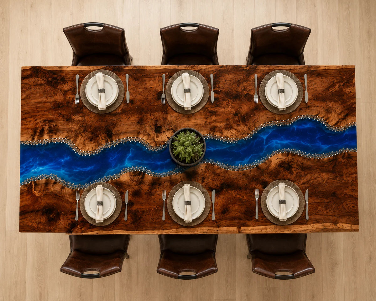 Aurorawoodart Custom Black Walnut Blue Epoxy River Dining Table DT99