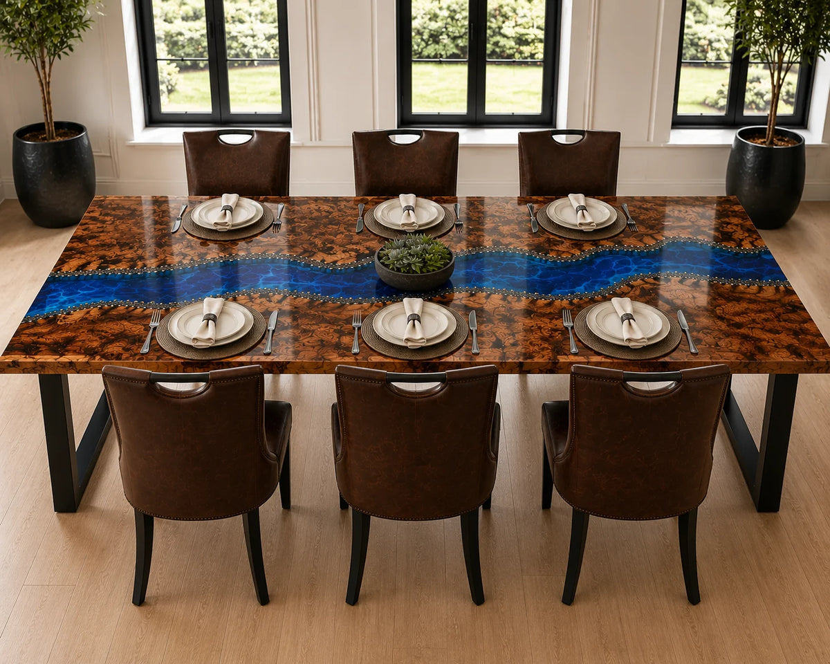 Aurorawoodart Custom Black Walnut Blue Epoxy River Dining Table DT99