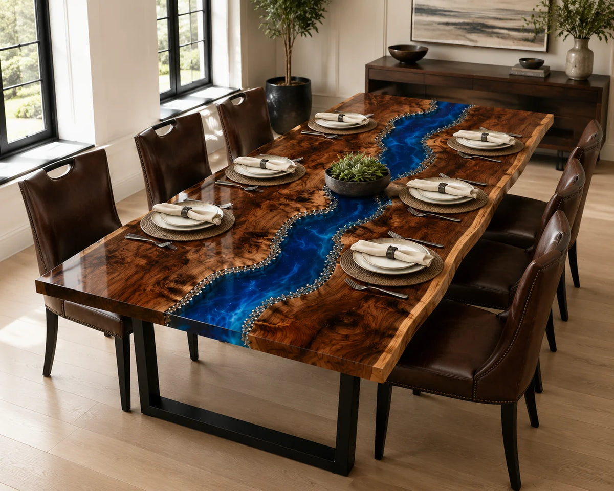 Aurorawoodart Custom Black Walnut Blue Epoxy River Dining Table DT99