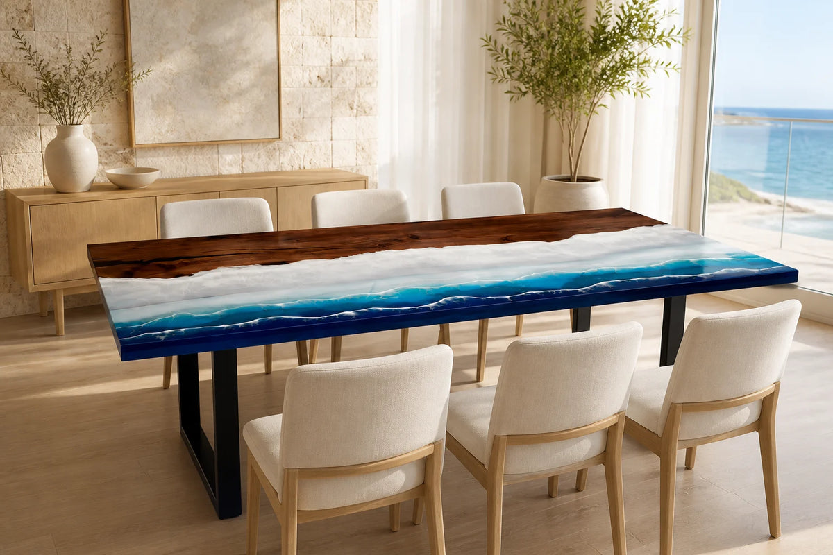 DTC01 Ocean Tide Black Walnut Epoxy River Dining Table featuring handcrafted North American black walnut and resin