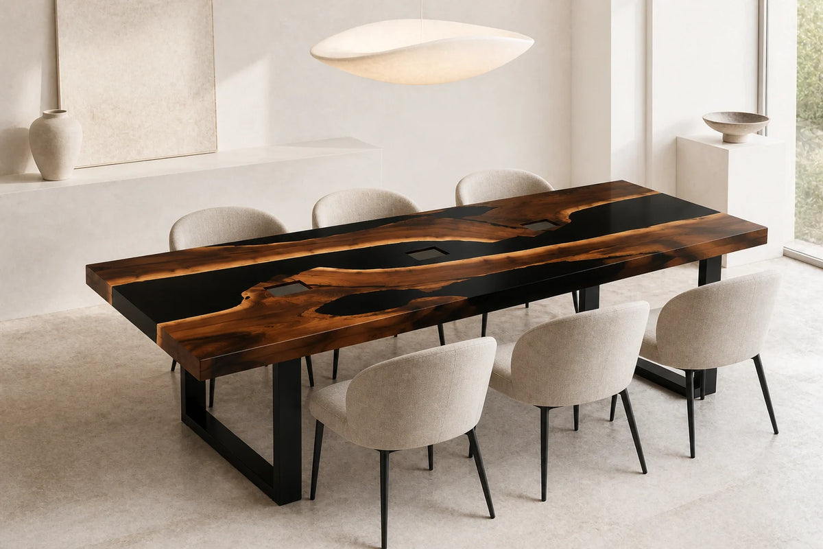 DTC02 Amber Veil Black Walnut Clear Epoxy Dining Table featuring handcrafted North American black walnut and resin