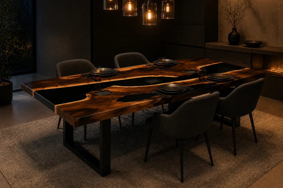 Amber Veil Black Walnut Clear Epoxy Dining Table DT02