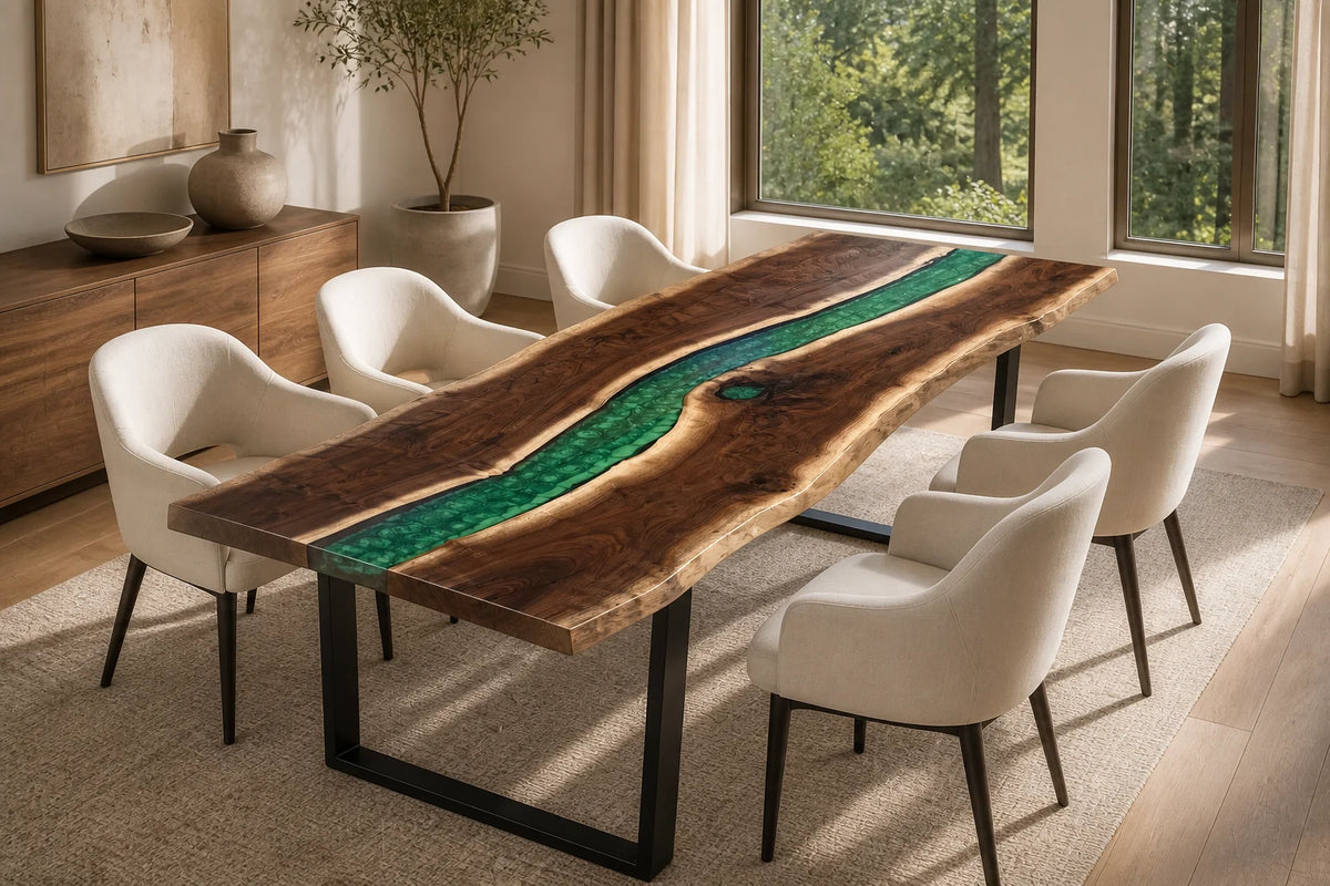 DTC03 Emerald Grove Black Walnut Epoxy River Dining Table featuring handcrafted North American black walnut and resin