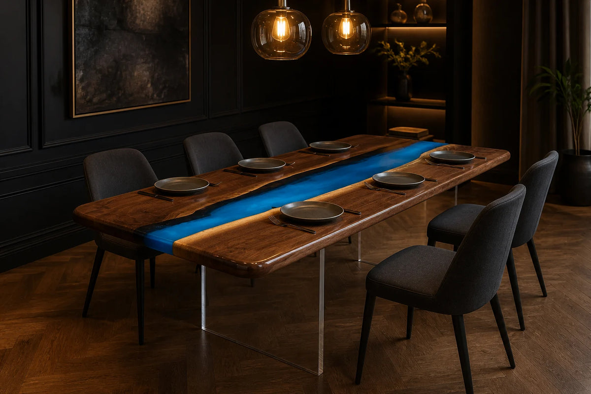 DTC04 Blue Current Black Walnut Epoxy River Dining Table featuring handcrafted North American black walnut and resin