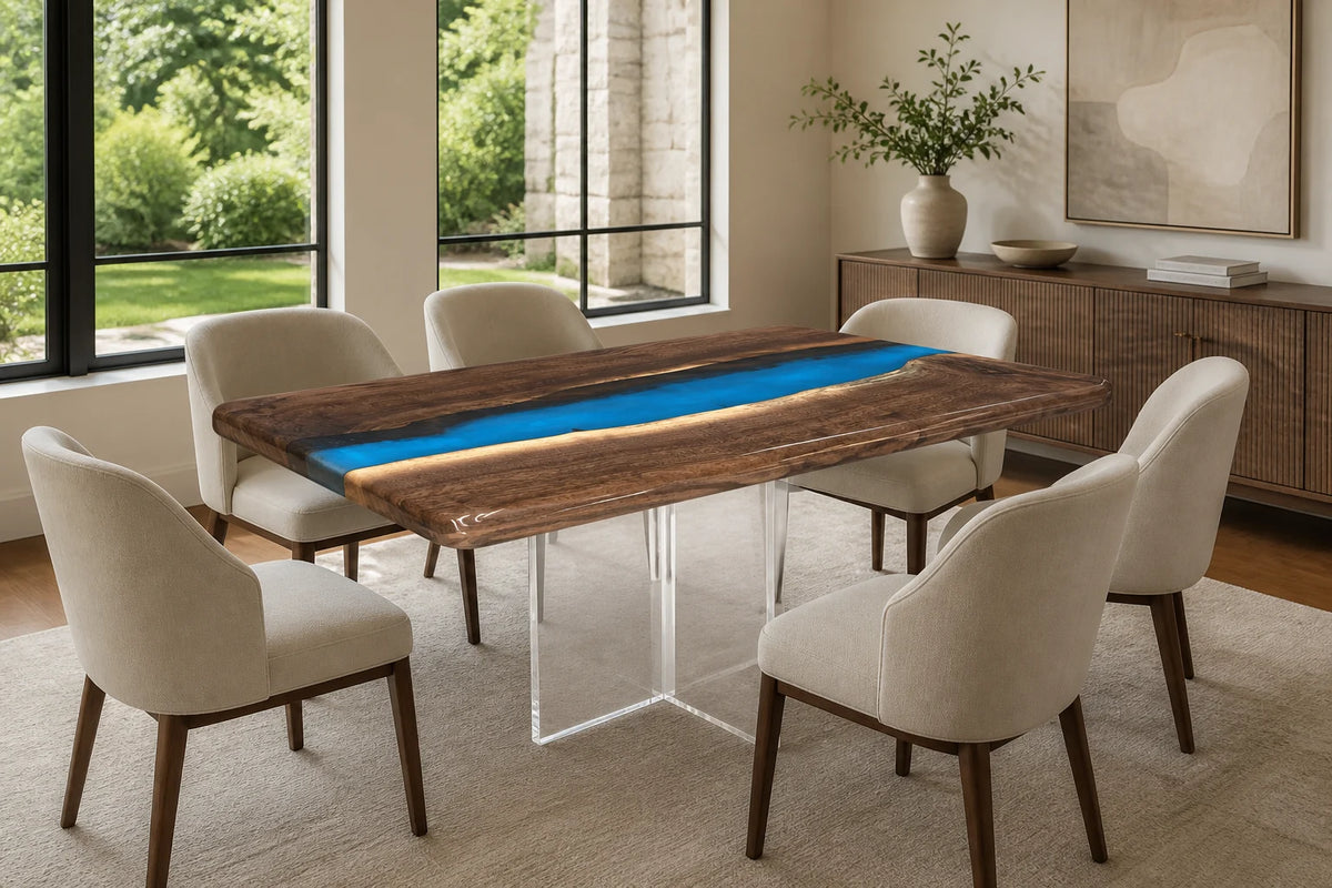 Blue Current Black Walnut Epoxy River Dining Table DT04