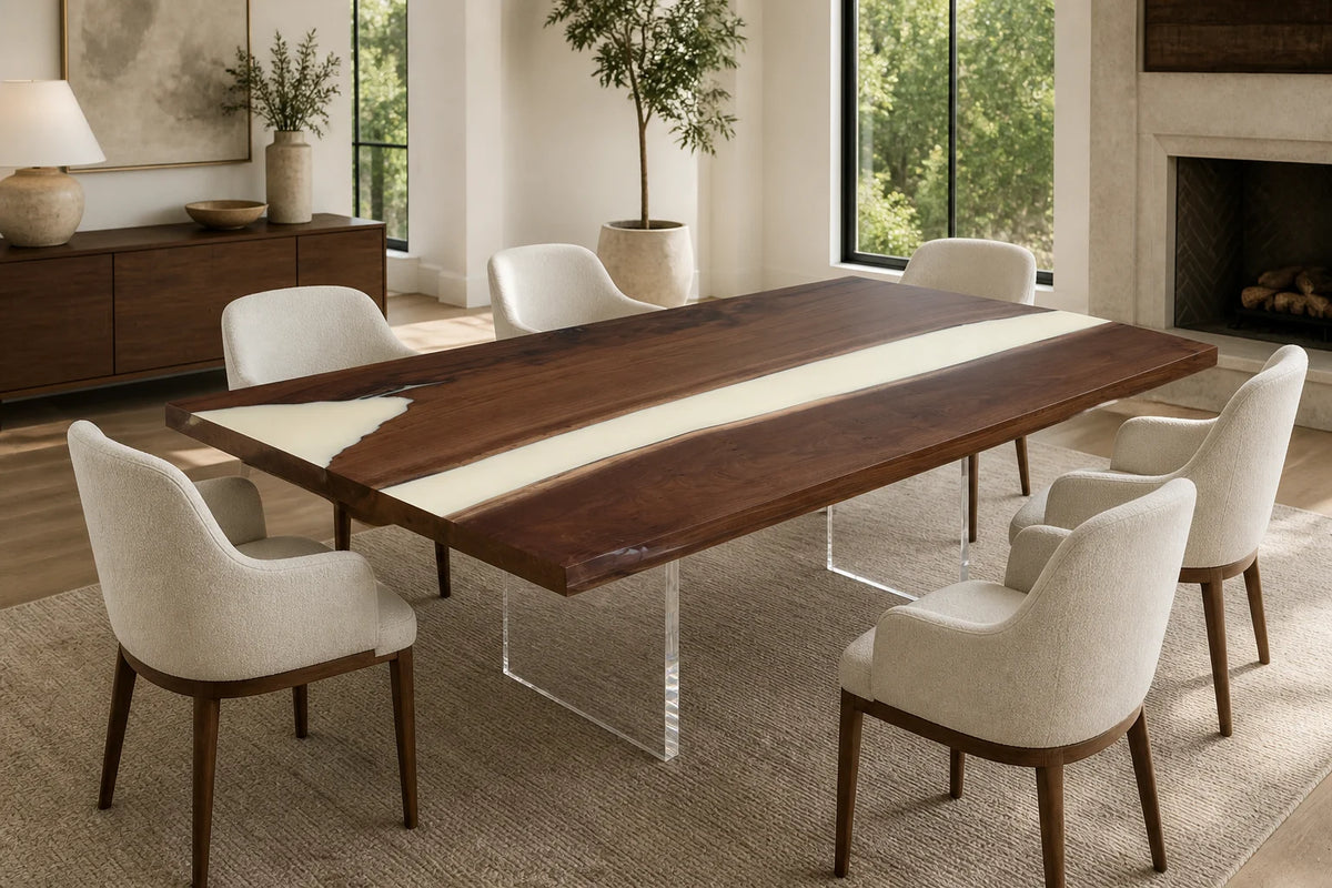 DTC05 Ivory Rift Black Walnut Epoxy Dining Table featuring handcrafted North American black walnut and resin