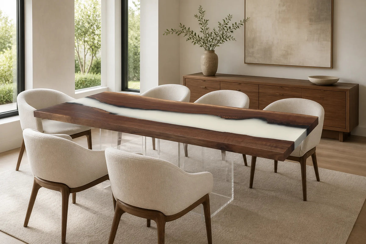 DTC06 Pearl Drift Black Walnut Epoxy Dining Table featuring handcrafted North American black walnut and resin