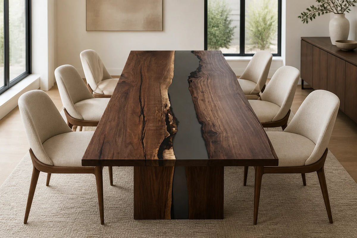 DTC07 Silver Mist Black Walnut Epoxy River Dining Table featuring handcrafted North American black walnut and resin