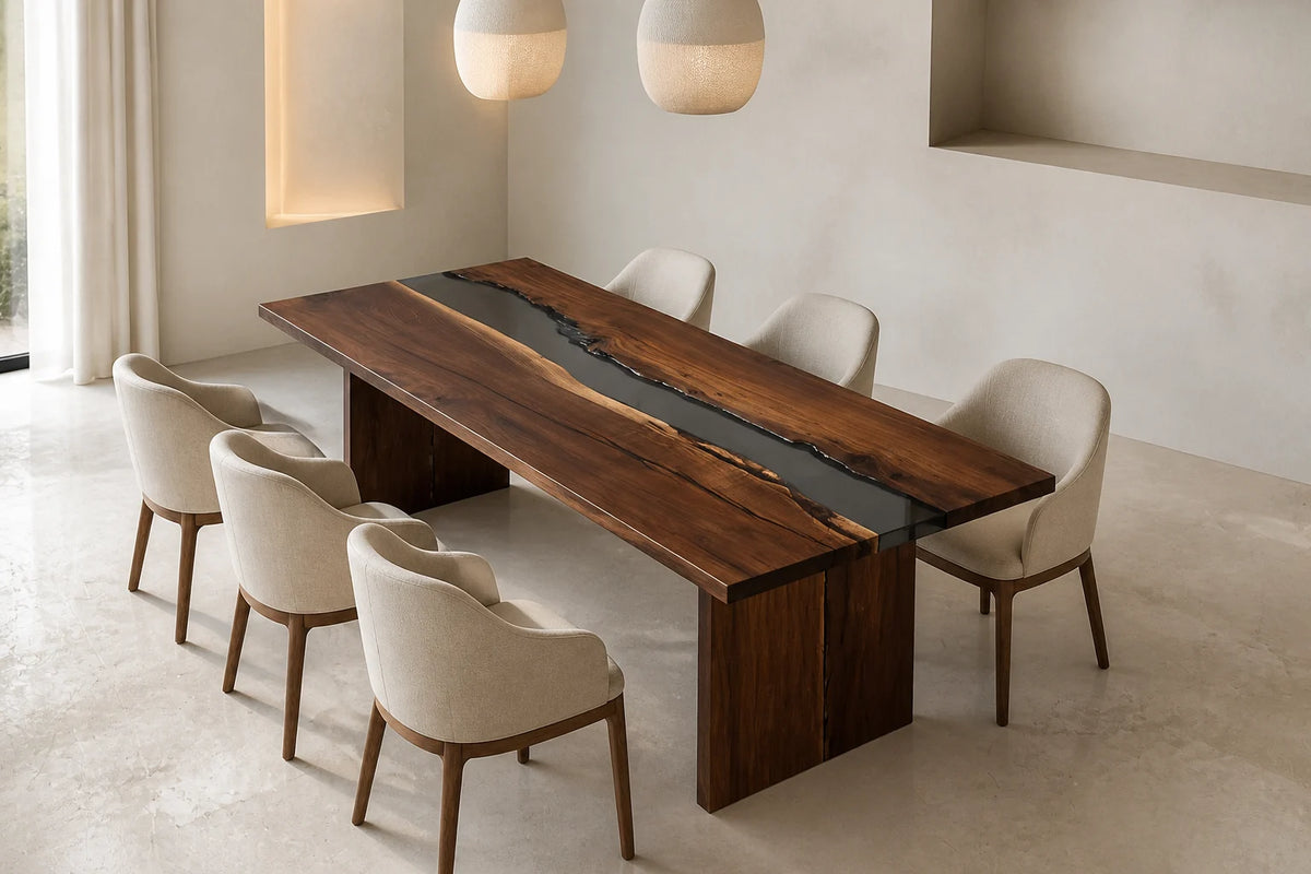 Silver Mist Black Walnut Epoxy River Dining Table DT07