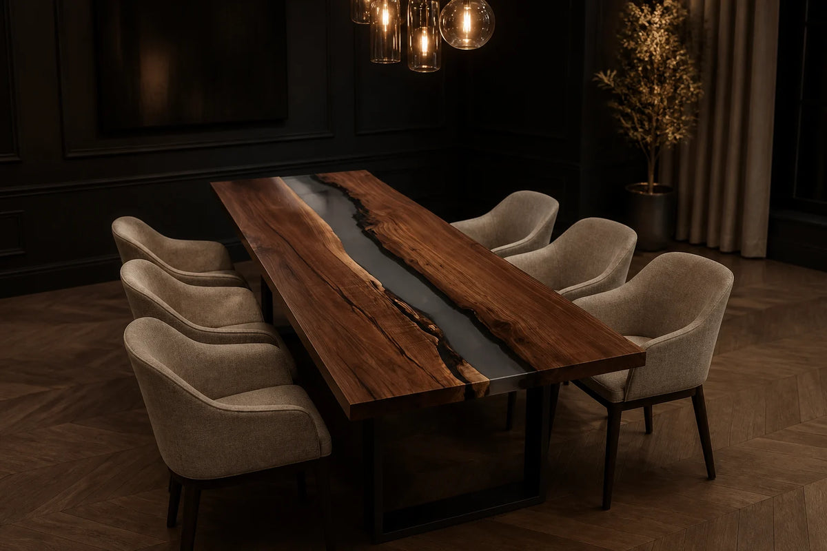 Silver Mist Black Walnut Epoxy River Dining Table DT07