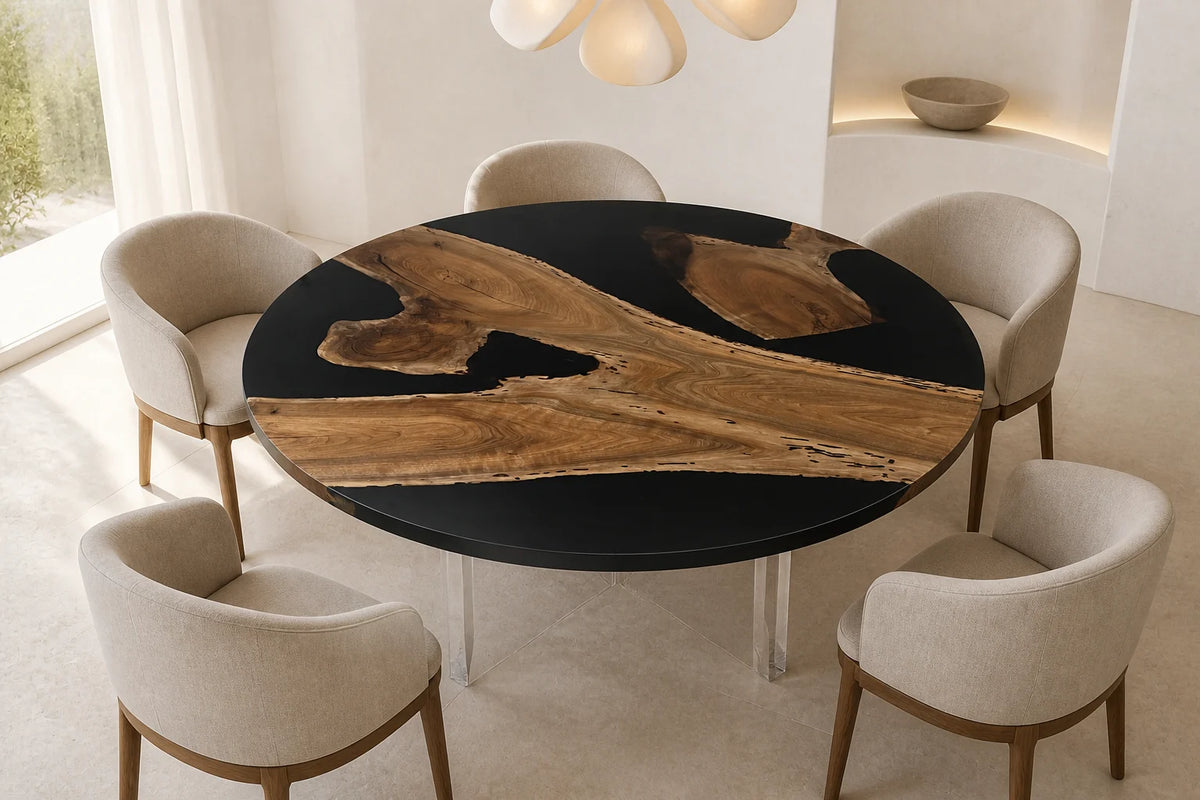 DTC08 Noir Halo Round Black Walnut Epoxy Dining Table featuring handcrafted North American black walnut and resin