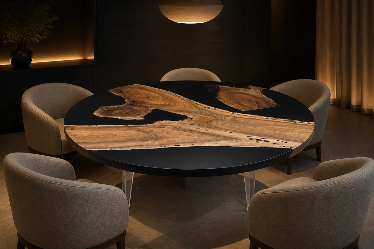 Noir Halo Round Black Walnut Epoxy Dining Table DT08