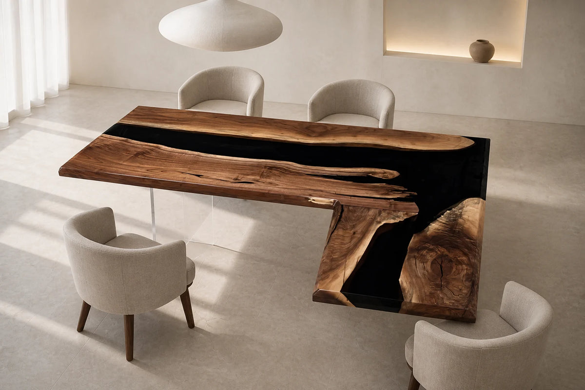 DTC09 Midnight Edge Black Walnut Epoxy Dining Table featuring handcrafted North American black walnut and resin