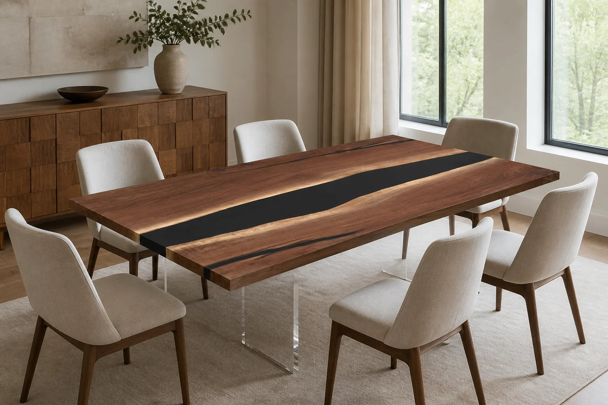 DTC10 Obsidian Line Black Walnut Epoxy River Dining Table featuring handcrafted North American black walnut and resin