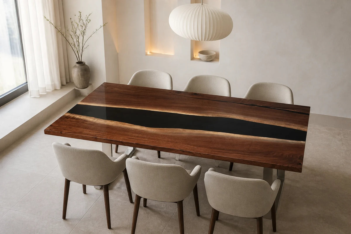 Obsidian Line Black Walnut Epoxy River Dining Table DT10