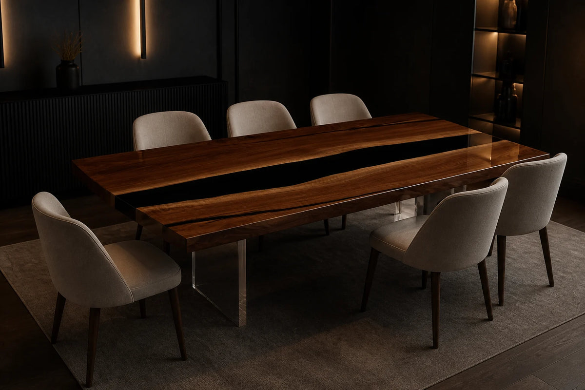 Obsidian Line Black Walnut Epoxy River Dining Table DT10