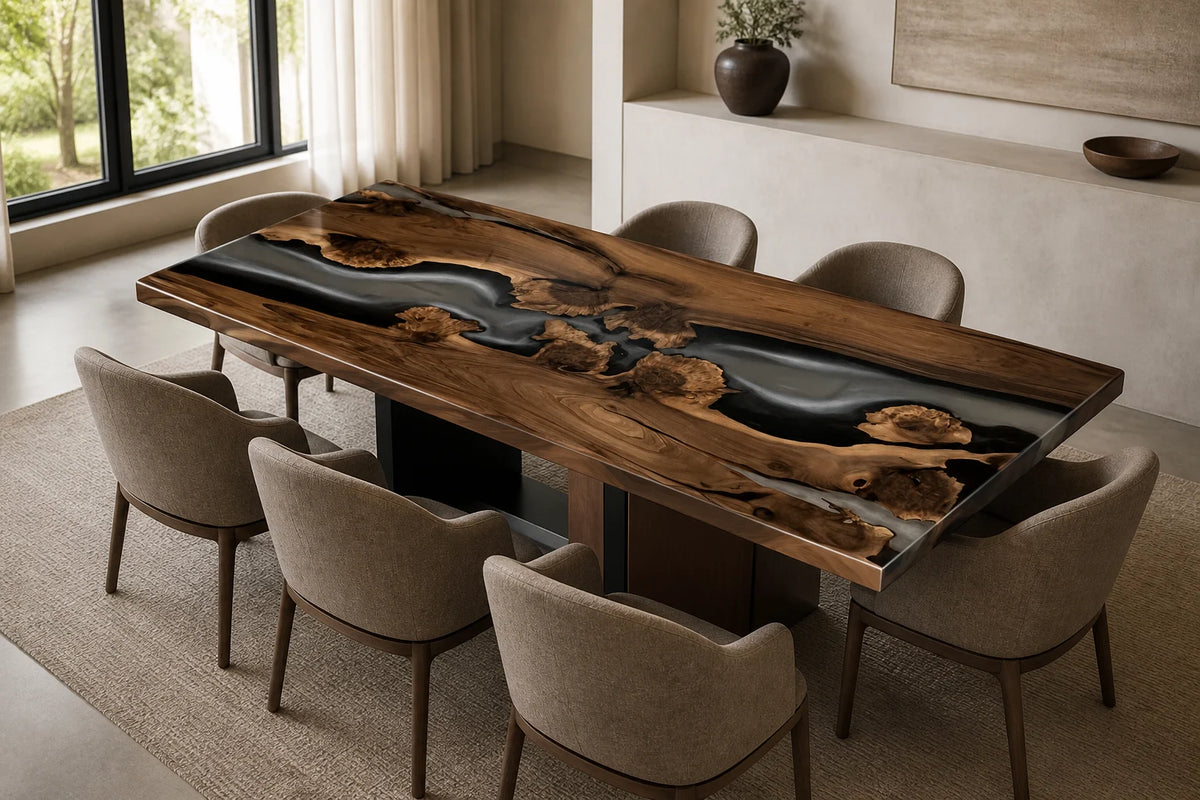 DTC11 Smoke Canyon Black Walnut Epoxy Dining Table featuring handcrafted North American black walnut and resin
