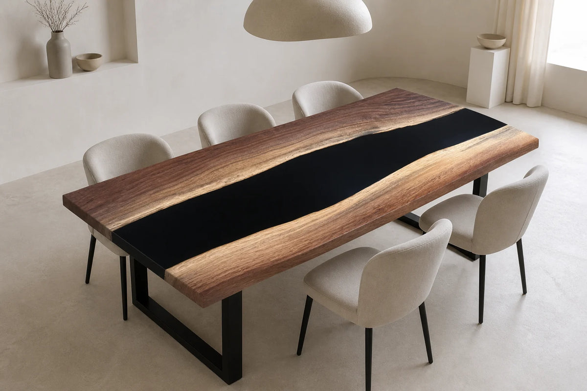 DTC12 Jet Stream Black Walnut Epoxy River Dining Table featuring handcrafted North American black walnut and resin