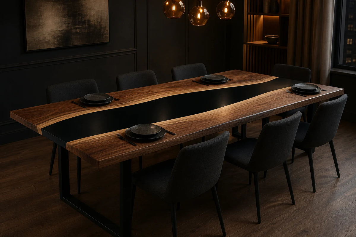 Jet Stream Black Walnut Epoxy River Dining Table DT12