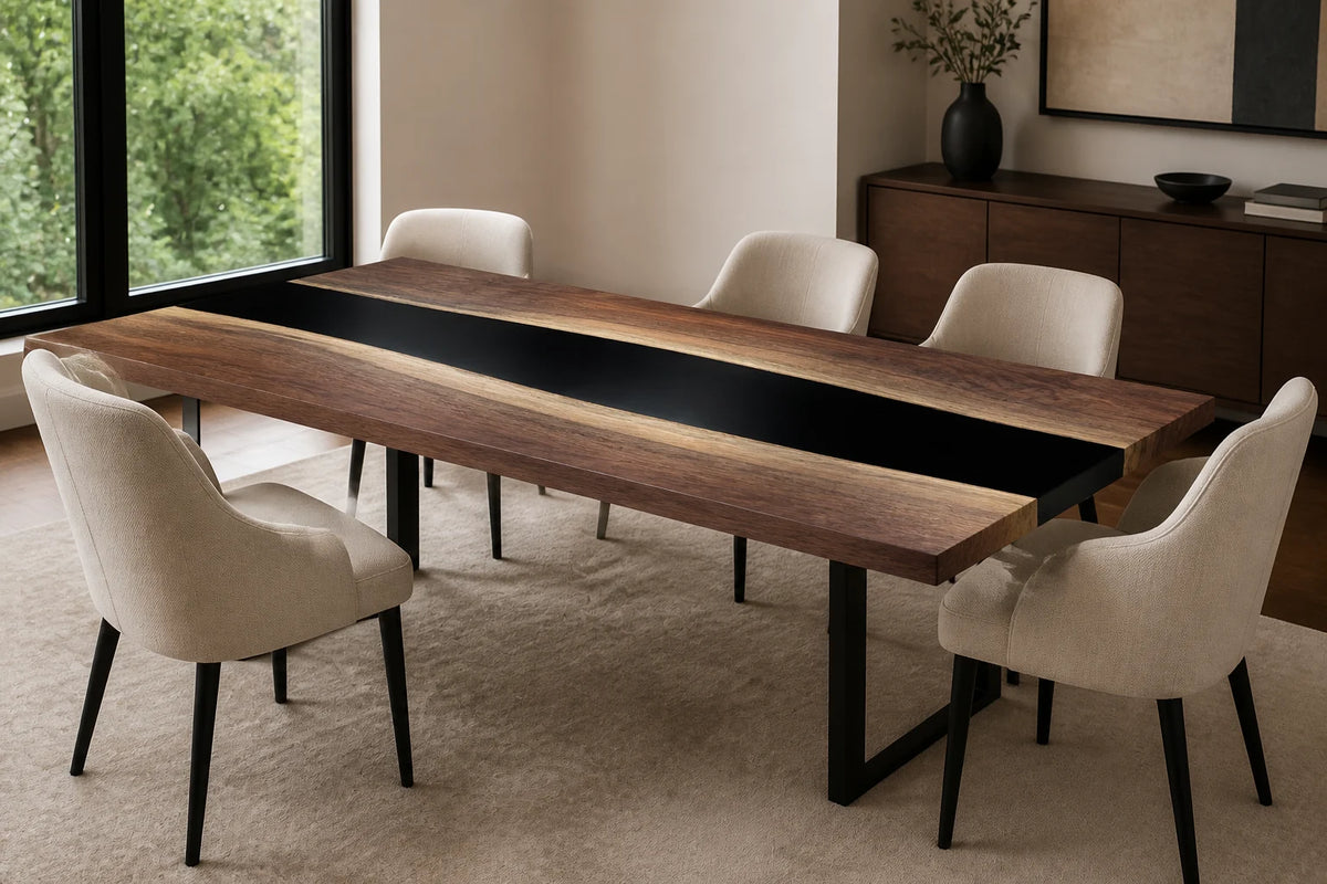 Jet Stream Black Walnut Epoxy River Dining Table DT12