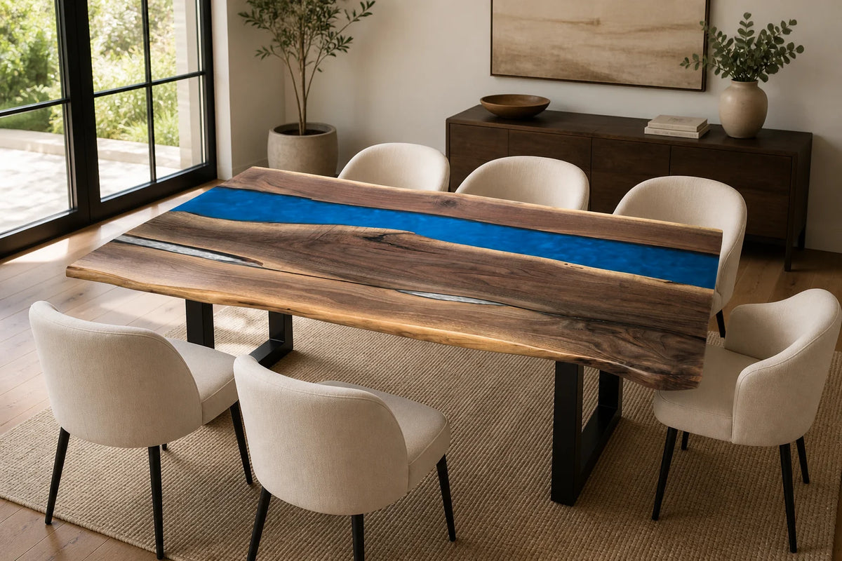 DTC13 Cobalt Bay Black Walnut Epoxy River Dining Table featuring handcrafted North American black walnut and resin