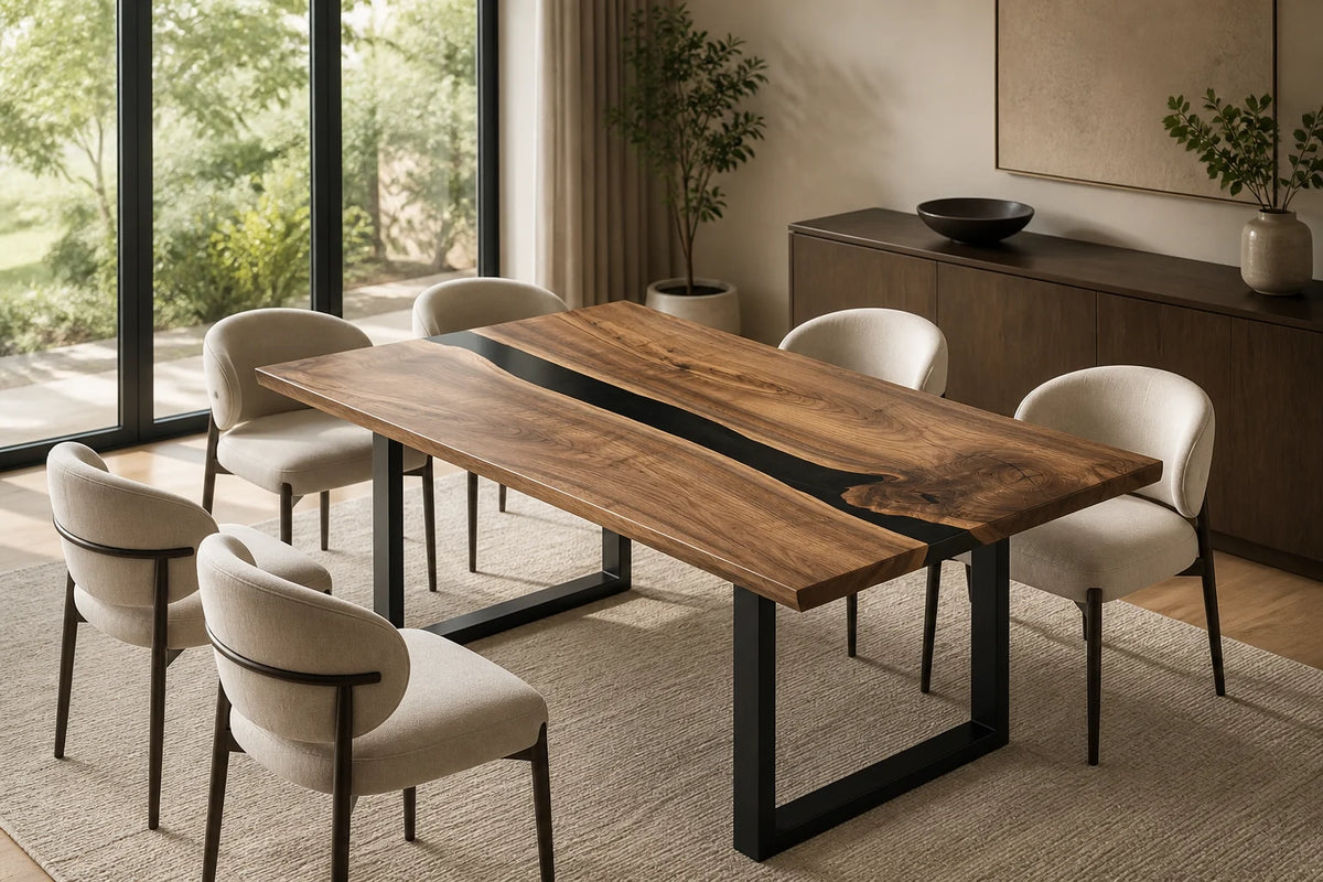 DTC14 Forest Shadow Black Walnut Epoxy Dining Table featuring handcrafted North American black walnut and resin