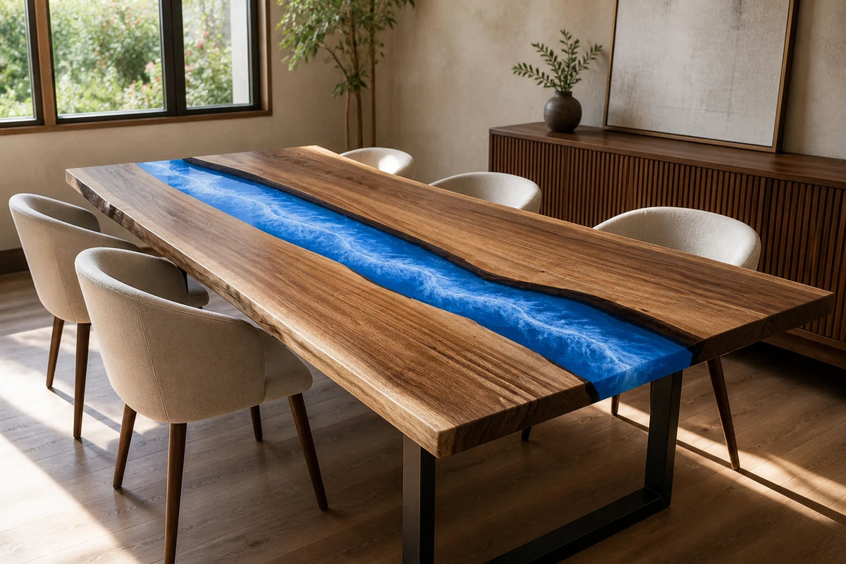 DTC17 Blue Surf South American Walnut Epoxy River Dining Table featuring handcrafted South American walnut and resin