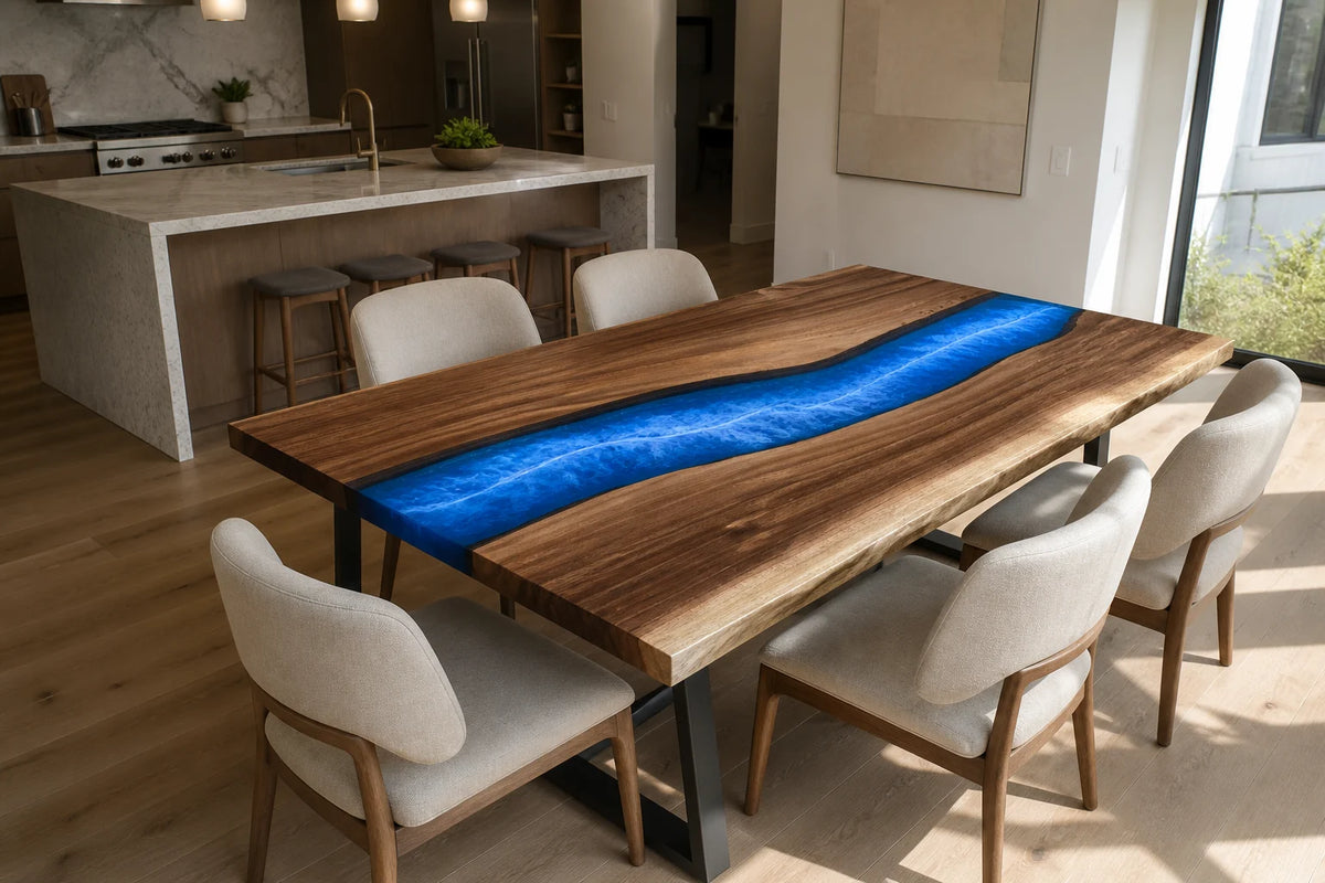 Blue Surf South American Walnut Epoxy River Dining Table DT17