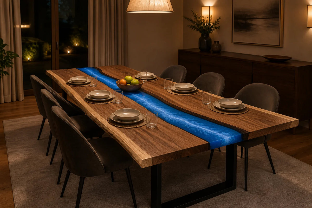 Blue Surf South American Walnut Epoxy River Dining Table DT17