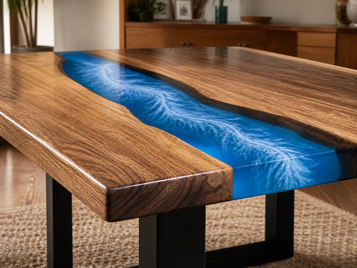Blue Surf South American Walnut Epoxy River Dining Table DT17