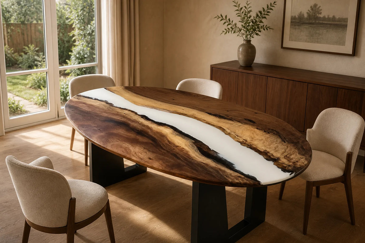 DTC18 Ivory Canyon South American Walnut Epoxy Dining Table featuring handcrafted South American walnut and resin