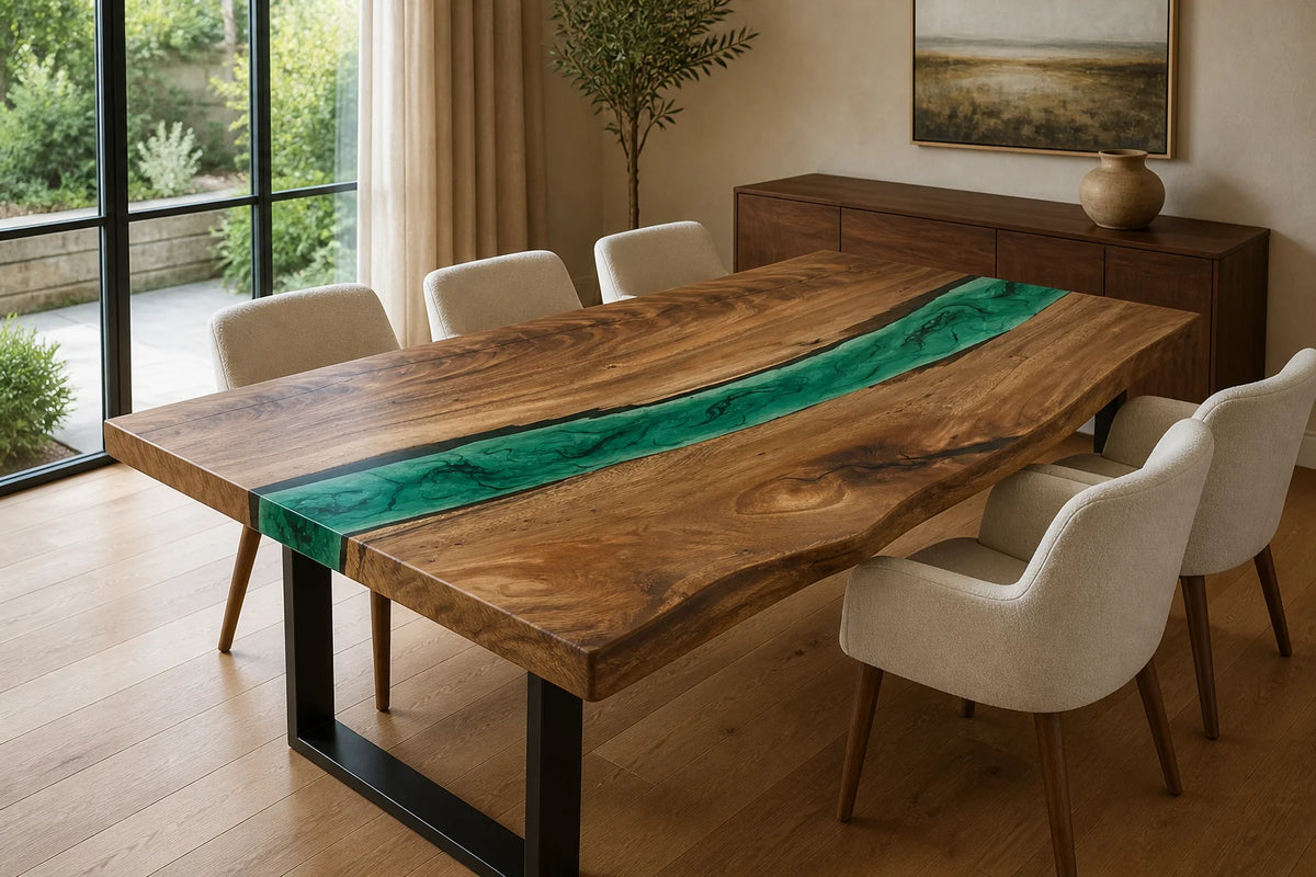 DTC19 Emerald Flow South American Walnut Epoxy River Dining Table featuring handcrafted South American walnut and resin