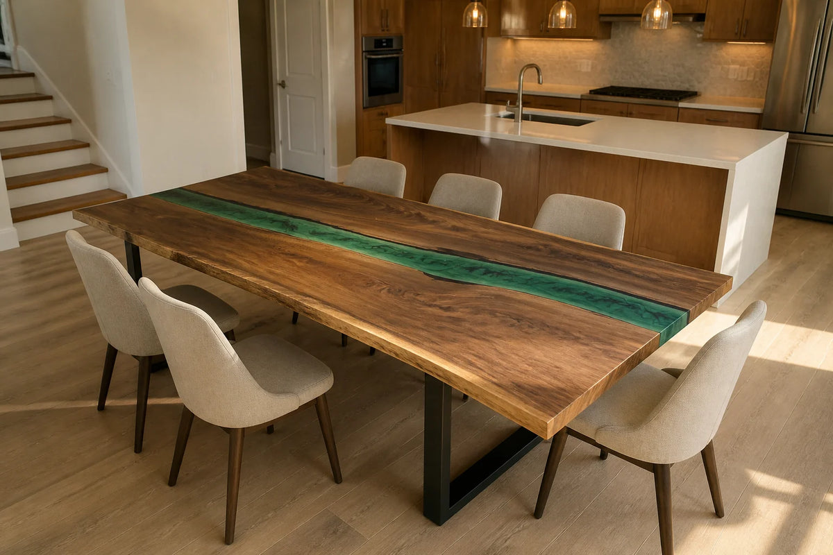 Emerald Flow South American Walnut Epoxy River Dining Table DT19