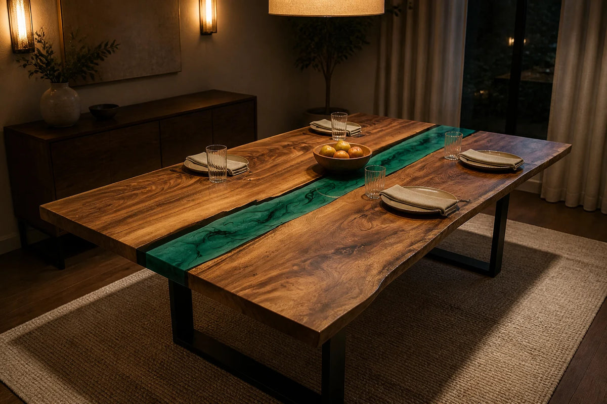 Emerald Flow South American Walnut Epoxy River Dining Table DT19
