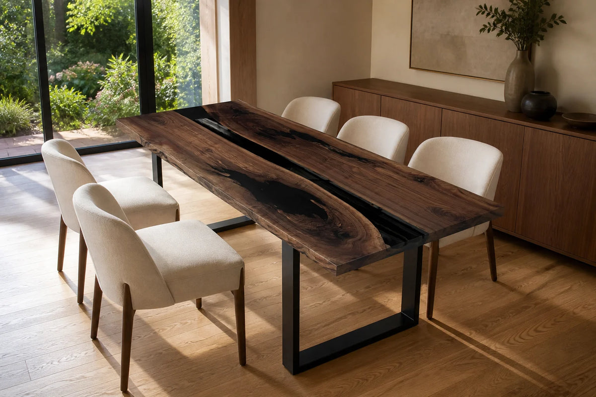 DTC20 Charred Rift South American Walnut Epoxy Dining Table featuring handcrafted South American walnut and resin
