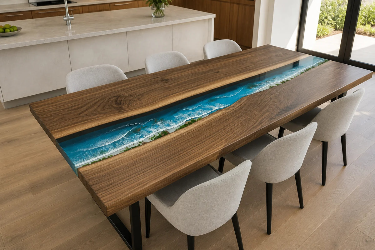DTC21 Turquoise Shore South American Walnut Epoxy Dining Table featuring handcrafted South American walnut and resin