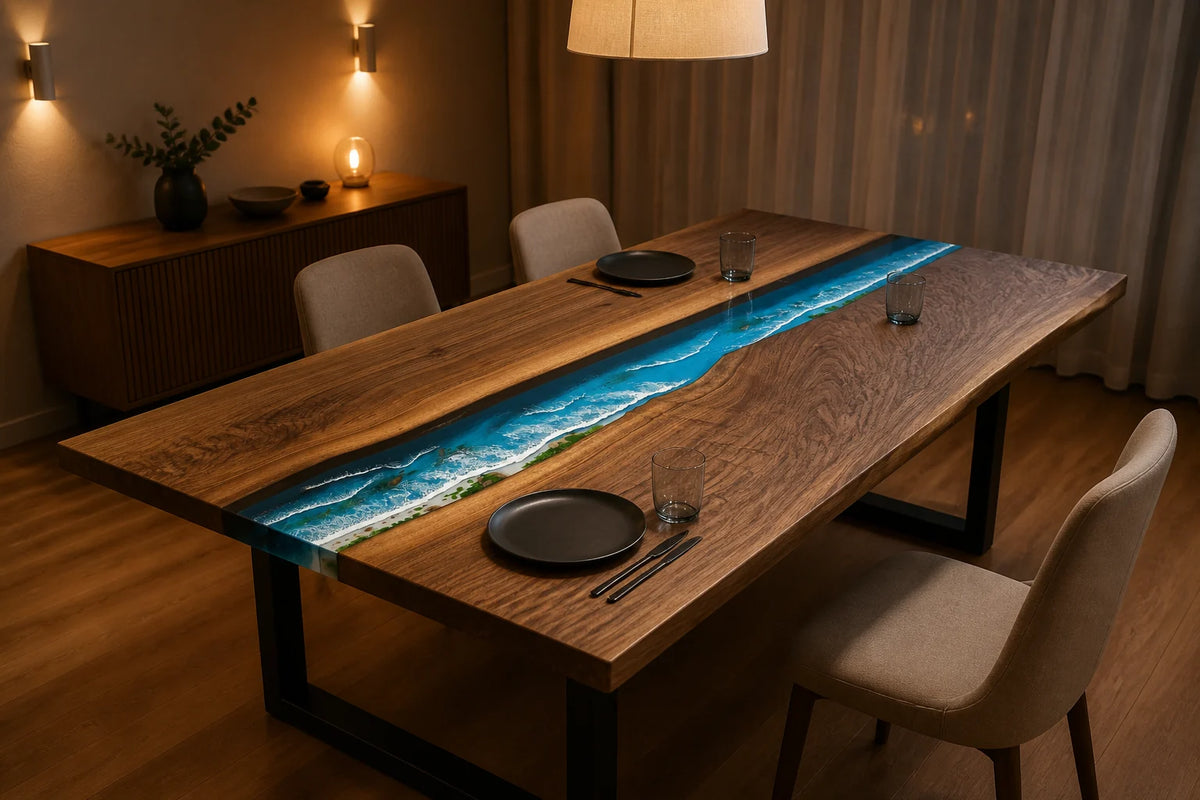 Turquoise Shore South American Walnut Epoxy Dining Table DT21