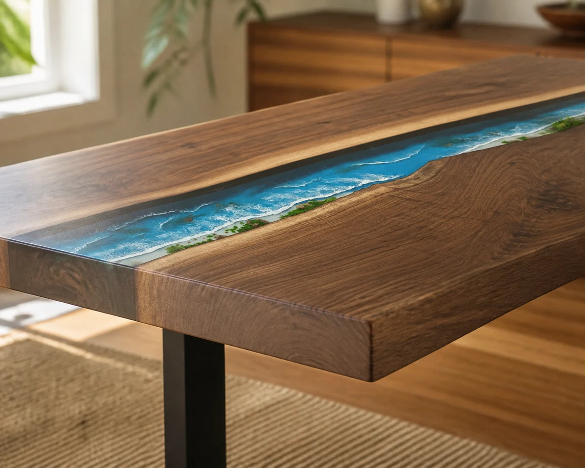 Turquoise Shore South American Walnut Epoxy Dining Table DT21