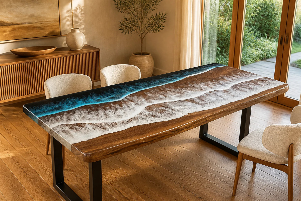 DTC22 Arctic Tide South American Walnut Epoxy Dining Table featuring handcrafted South American walnut and resin
