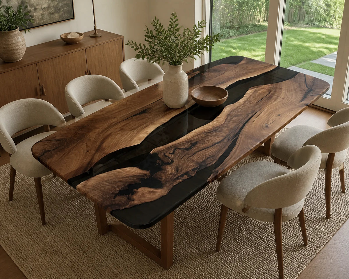 DTC23 Onyx Island South American Walnut Epoxy Dining Table featuring handcrafted South American walnut and resin