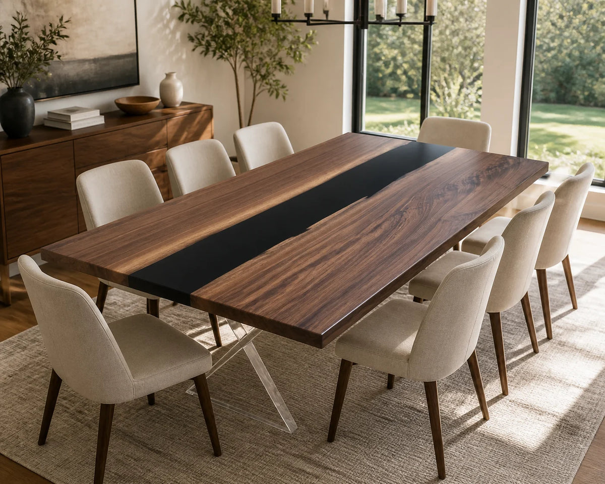 DTC24 Midnight Divide South American Walnut Epoxy Dining Table featuring handcrafted South American walnut and resin