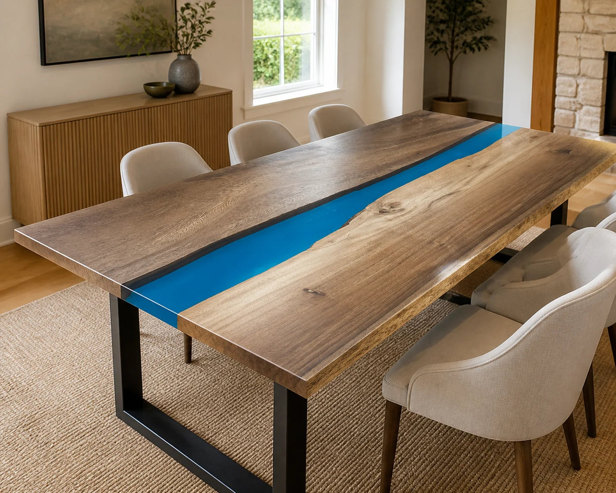 DTC25 Cobalt Channel South American Walnut Epoxy River Dining Table featuring handcrafted South American walnut and resin