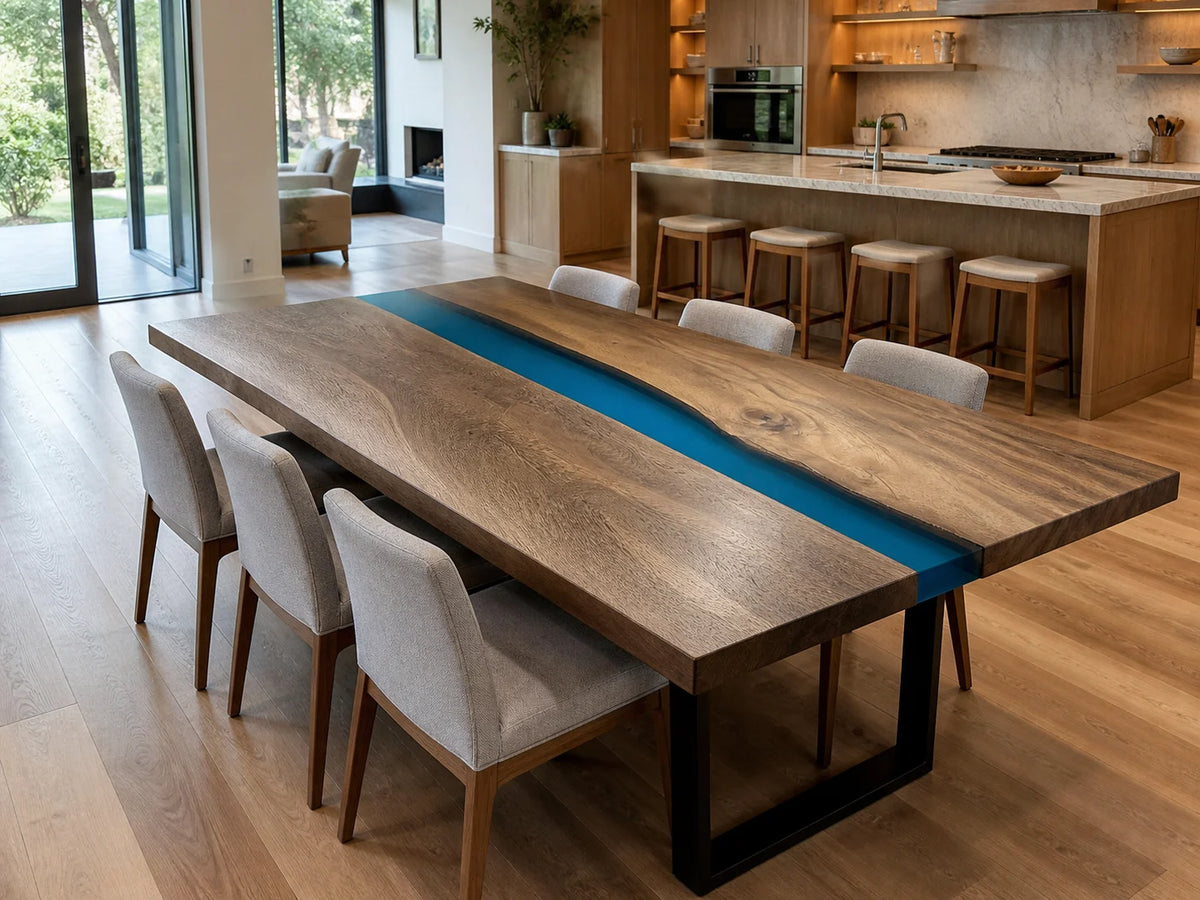 Cobalt Channel South American Walnut Epoxy River Dining Table DT25