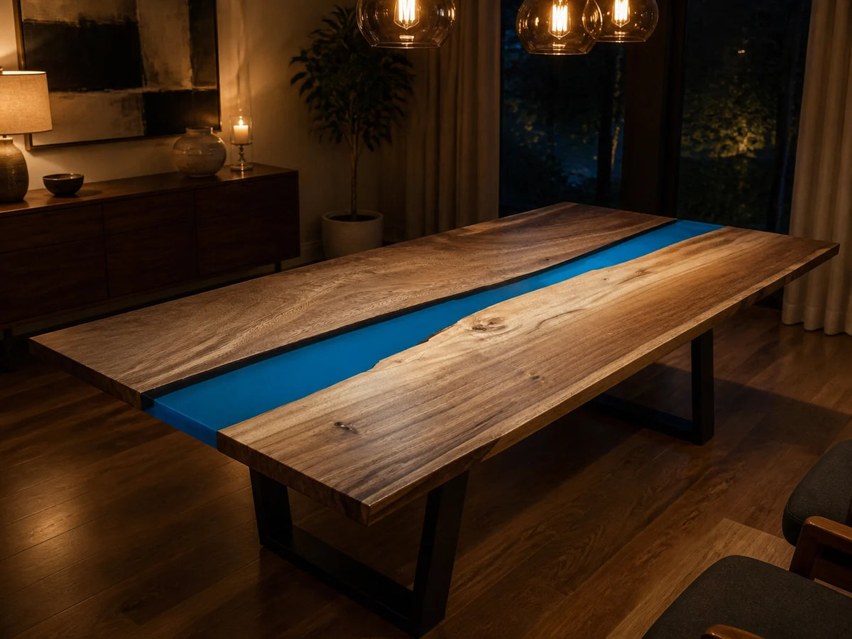 Cobalt Channel South American Walnut Epoxy River Dining Table DT25