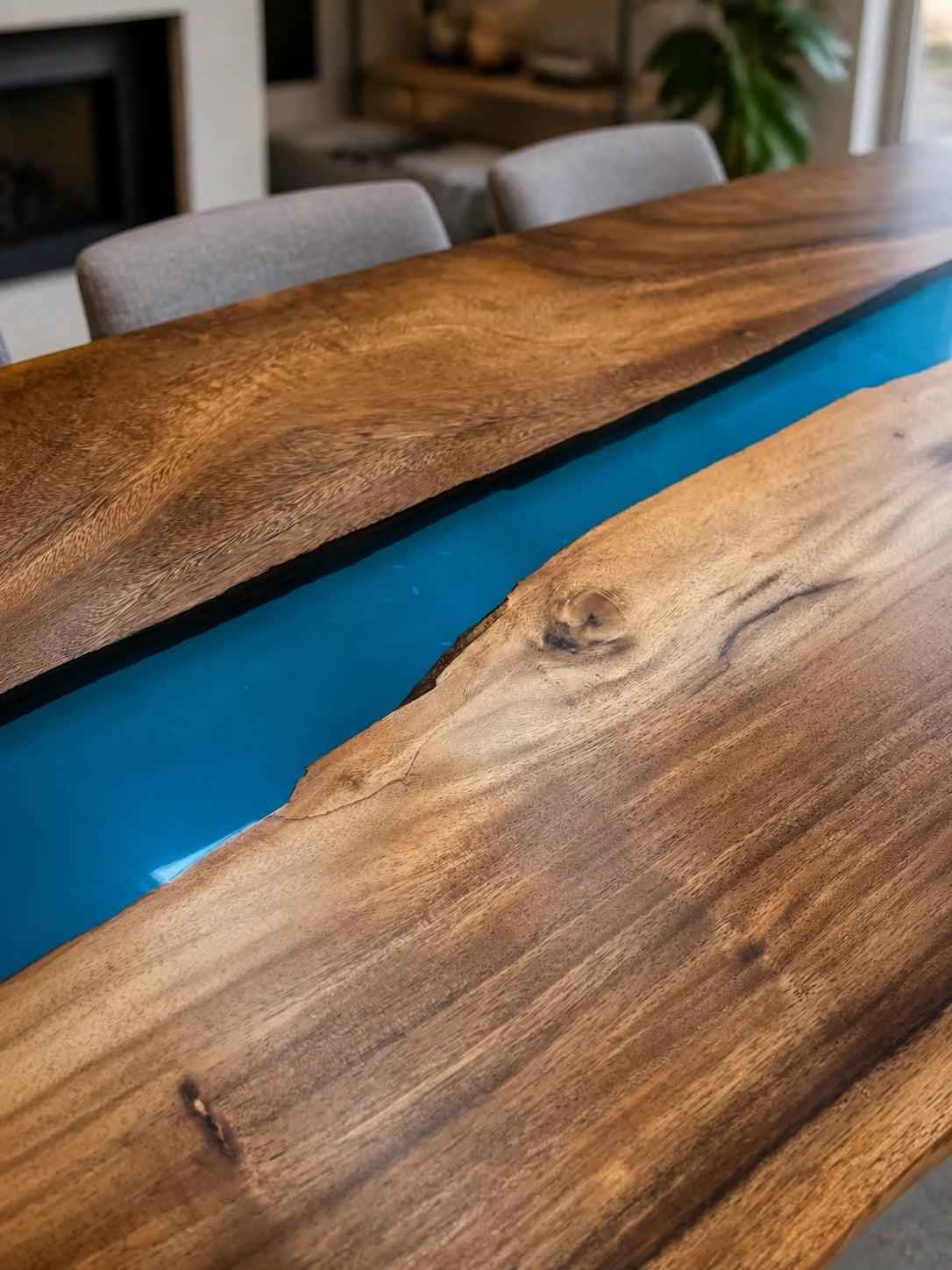 Cobalt Channel South American Walnut Epoxy River Dining Table DT25