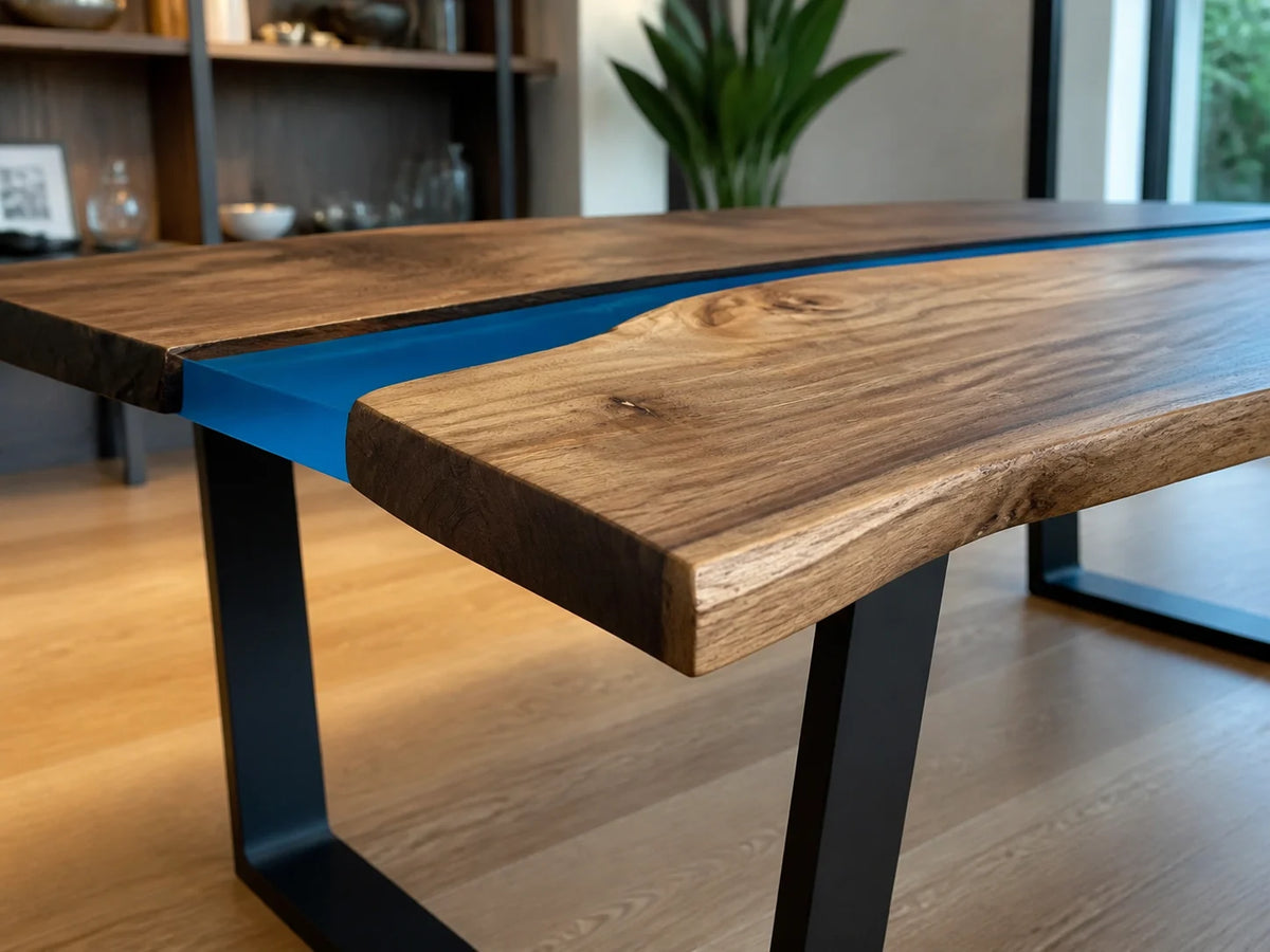 Cobalt Channel South American Walnut Epoxy River Dining Table DT25