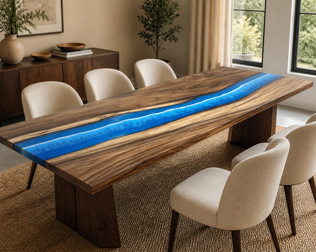 DTC26 Electric Blue South American Walnut Epoxy River Dining Table featuring handcrafted South American walnut and resin