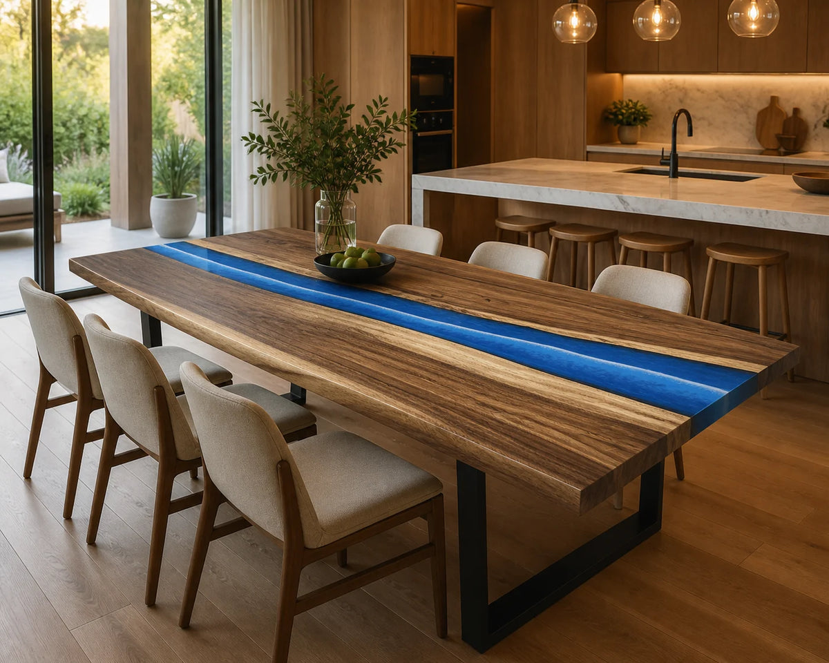 Electric Blue South American Walnut Epoxy River Dining Table DT26