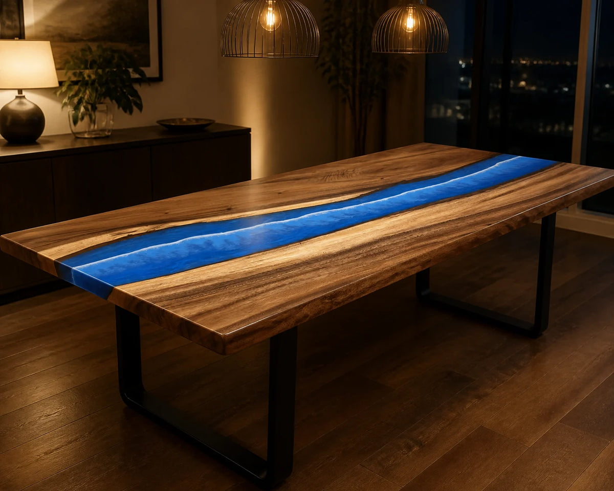 Electric Blue South American Walnut Epoxy River Dining Table DT26